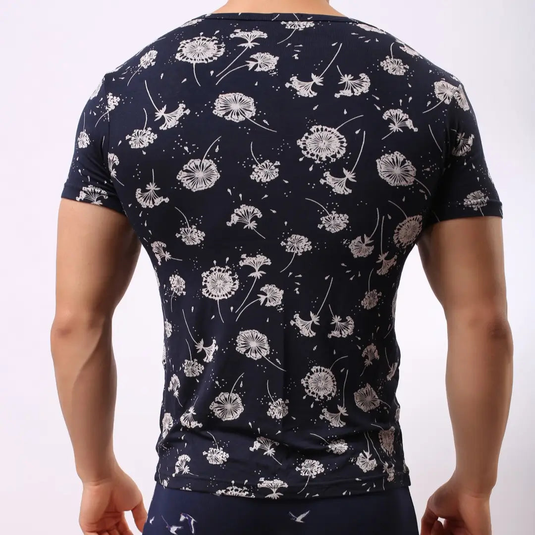 DomiGe Men's Navy Blue Printed Round Neck Short Sleeve Shirt - 95% Modal