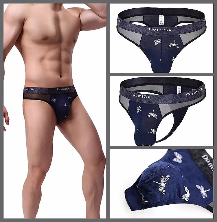 DomiGe Men's Underwear - Deep Blue Thongs, Ultra-Soft & Stretchable, Black Mesh Design