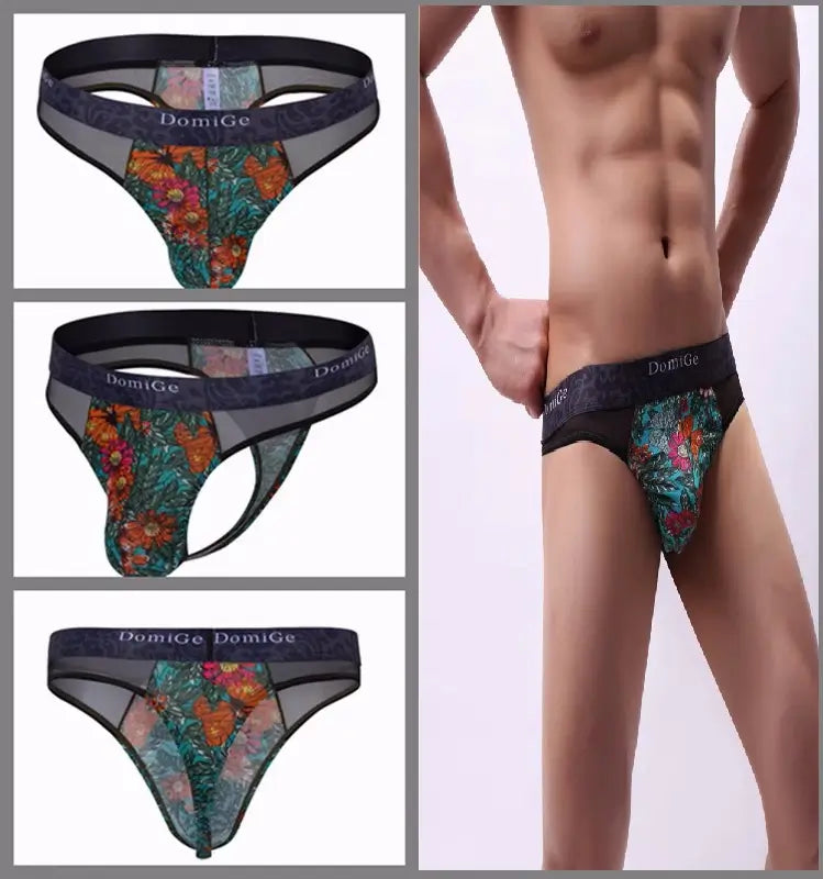 DomiGe Men's Lace Thong Underwear - Blue Floral, Breathable, Comfortable