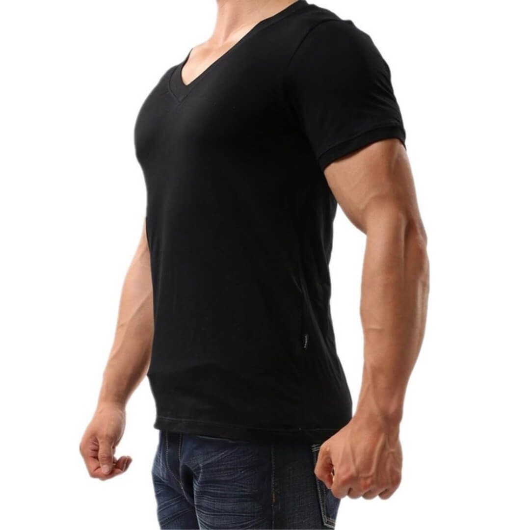 DomiGe Camiseta interior para hombre - Elegante camiseta con cuello en V en color negro puro