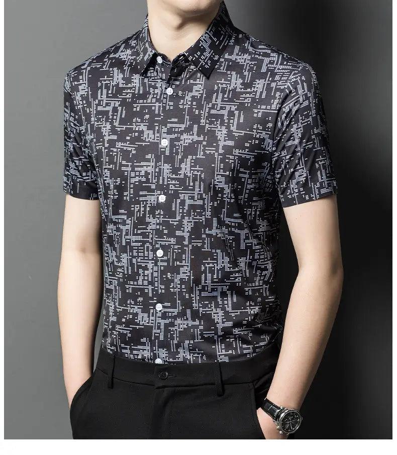 DomiGe 2024 Summer New Men's Blouse - Ice Silk Business Casual Printed Blouse - His Inwear