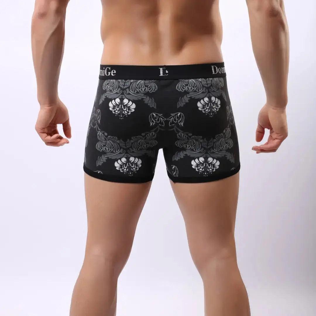 Men's Black Floral Print Cotton Stretch Boxer Briefs Pouch Male Boxers - His Inwear