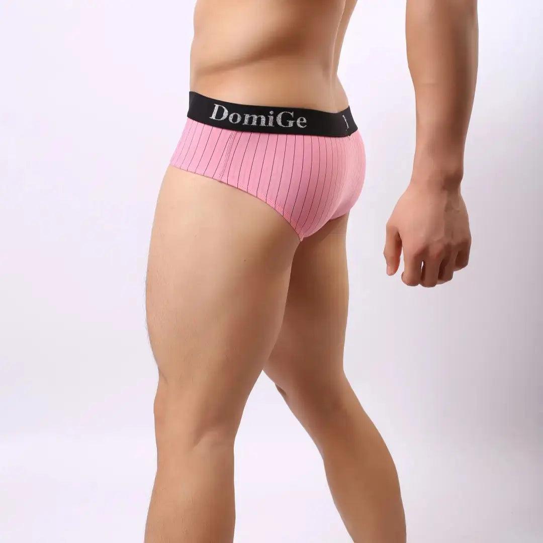 Men's Ice Silk Striped Mid-Waist Trunks with Silver Logo Waistband and Contour Pouch Male Underwear - His Inwear