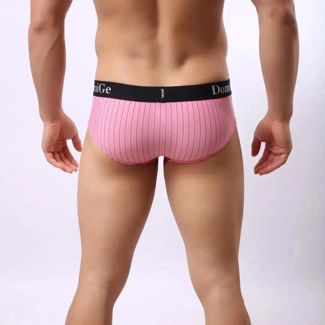 Men's Ice Silk Striped Mid-Waist Trunks with Silver Logo Waistband and Contour Pouch Male Underwear - His Inwear