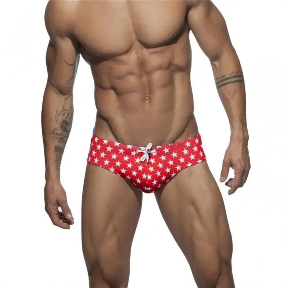 Men's Low-Waist Sexy Swim Briefs with National Flag Print for Beach and Spa Bikini - His Inwear