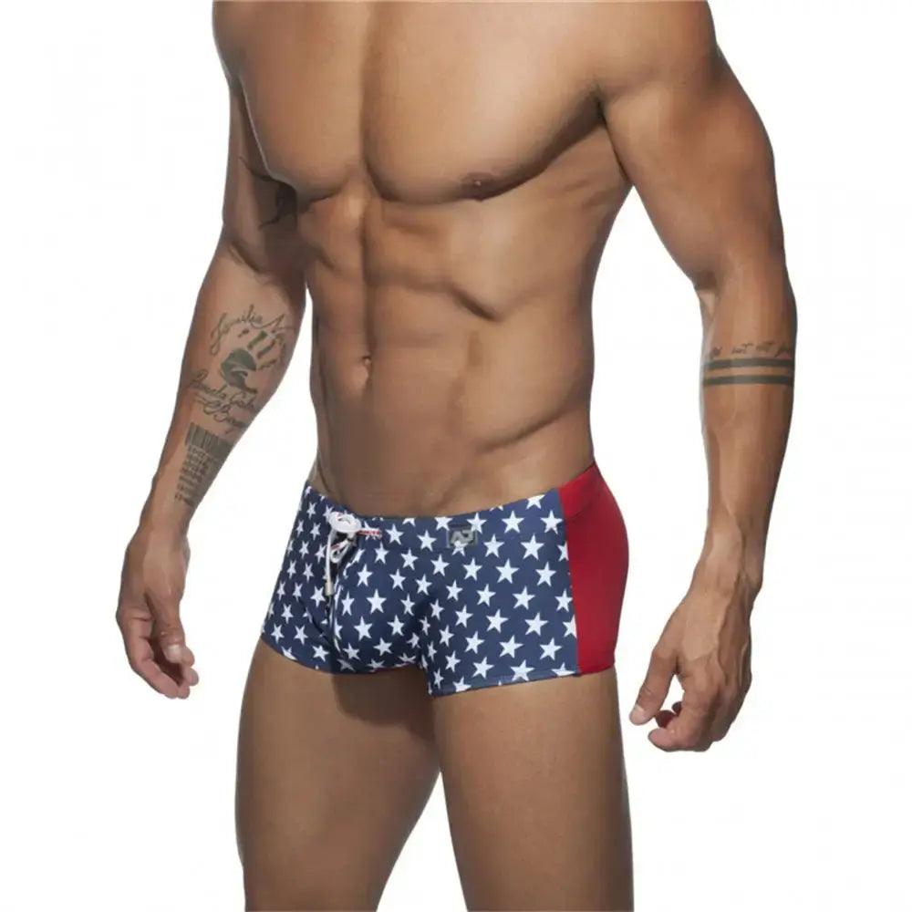 Men's Low-Waist Square Leg Swim Trunks: Anti-Embarrassment, Colorblock Print, National Flag Design for Beach & Pool - His Inwear