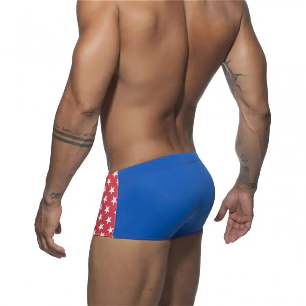 Men's Low-Waist Square Leg Swim Trunks: Anti-Embarrassment, Colorblock Print, National Flag Design for Beach & Pool - His Inwear