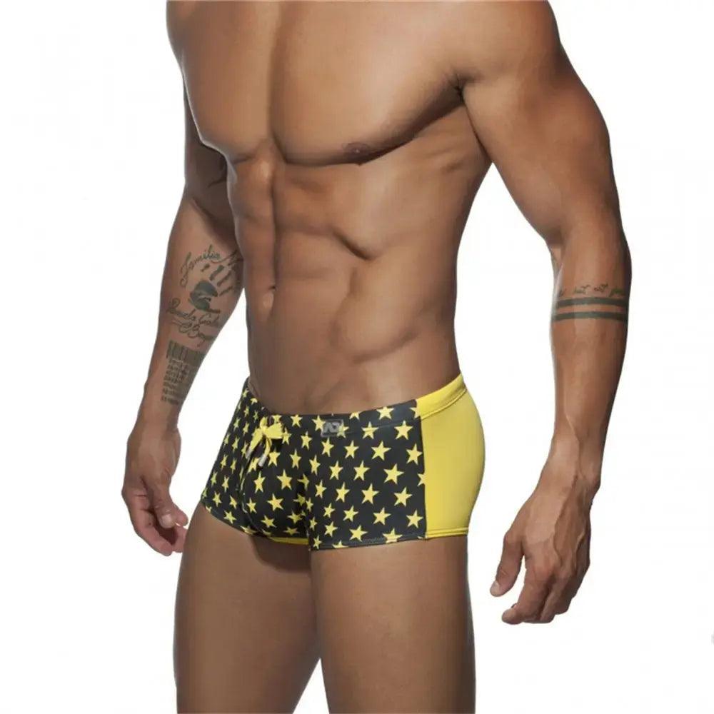 Men's Low-Waist Square Leg Swim Trunks: Anti-Embarrassment, Colorblock Print, National Flag Design for Beach & Pool - His Inwear