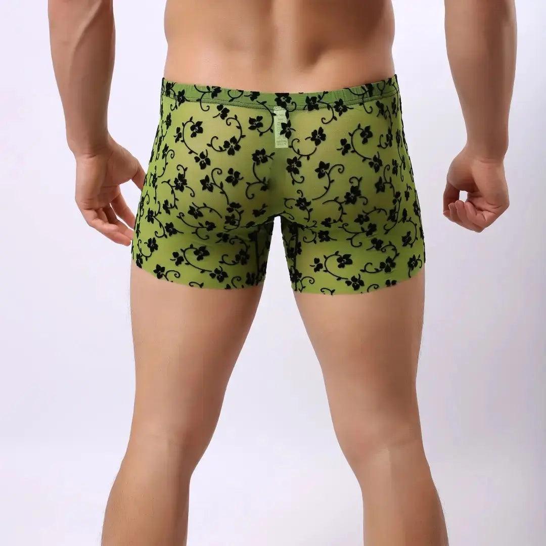 Men's Mid-Rise Nylon Boxer Briefs with Flocking Mesh Male Boxers Trunk Underwear - His Inwear