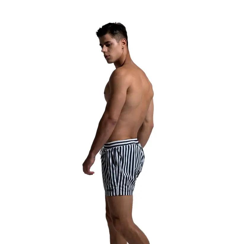 Men's Navy Stripe Lined Board Shorts with Pocket Nylon Swim Trunks - His Inwear