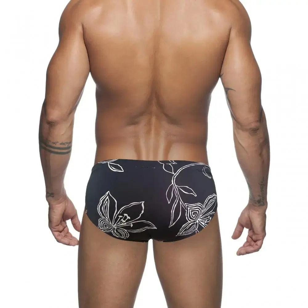 Men's Nylon Swim Briefs with White Floral Design – Elegant, Anti-Chafing European Style - His Inwear