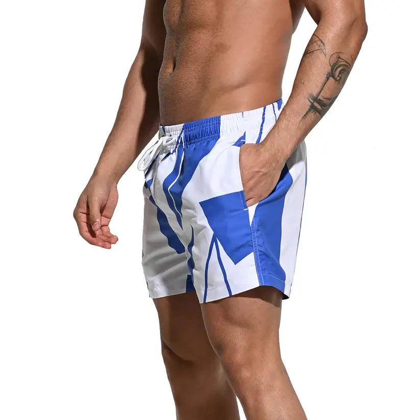 Men's Printed Beach Shorts Blue Block Board Shorts with Mesh Lining - His Inwear