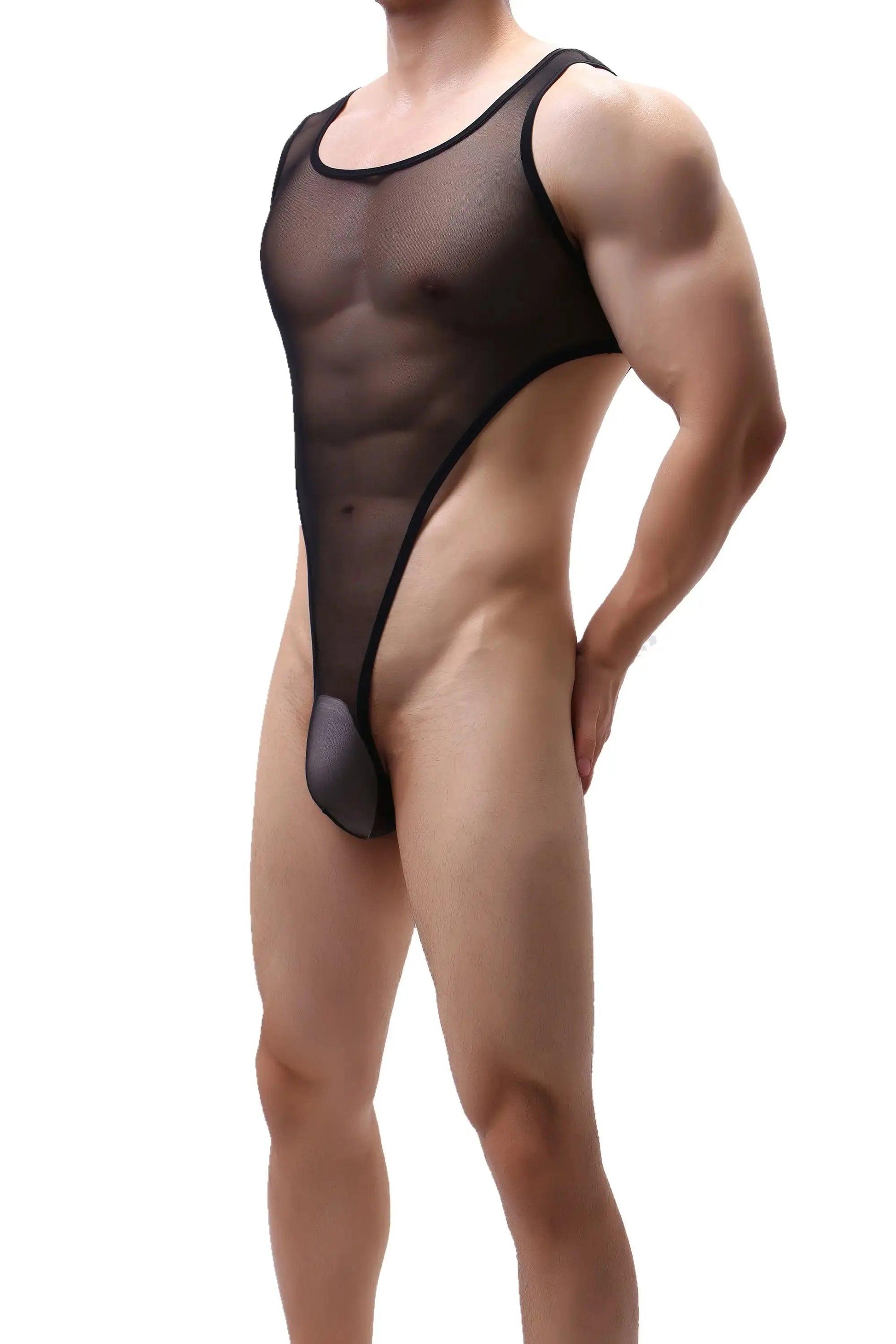 Men's Seductive Black Mesh Bodysuit Thong - Transparent, Stretchy Nylon & Spandex Blend, Comfort Fit Underwear - His Inwear