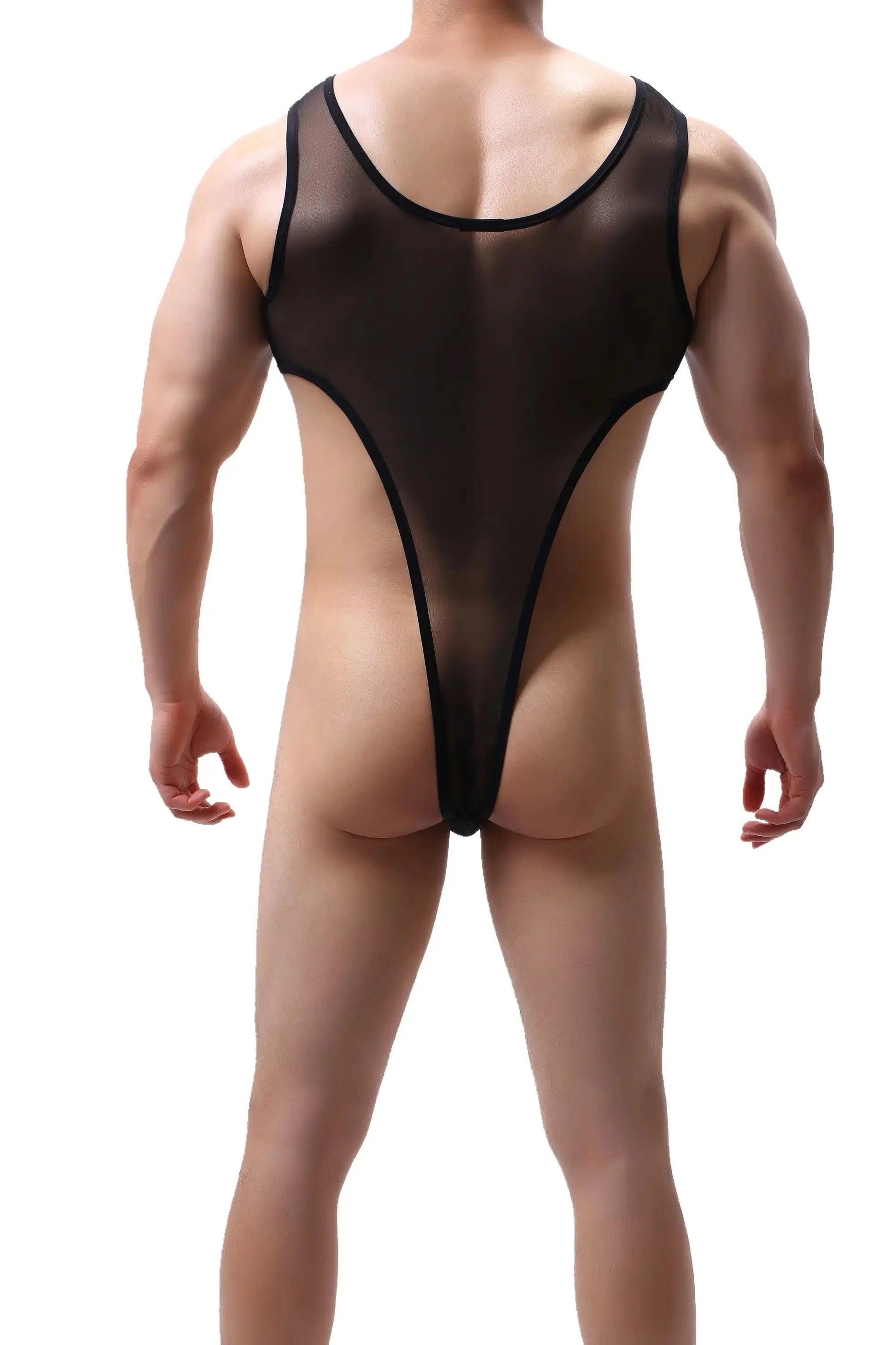 Men's Seductive Black Mesh Bodysuit Thong - Transparent, Stretchy Nylon & Spandex Blend, Comfort Fit Underwear - His Inwear